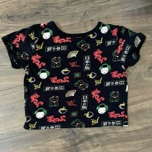 Asian print crop xs fan dragon geisha cat noodles